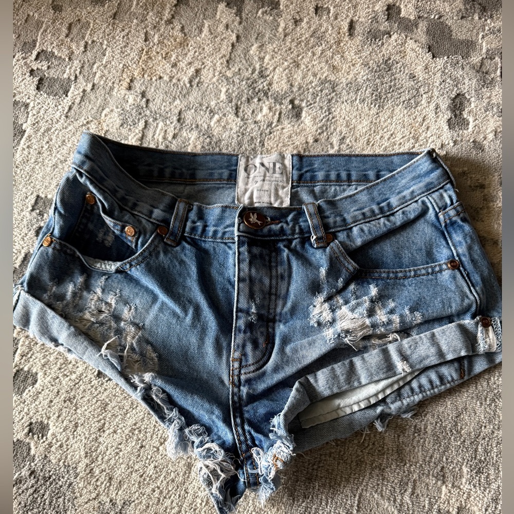 One Teaspoon Women's Distressed Blue Denim Jean Shorts